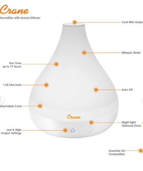 Crane Cool Mist Humidifier + Aroma Diffuser - White