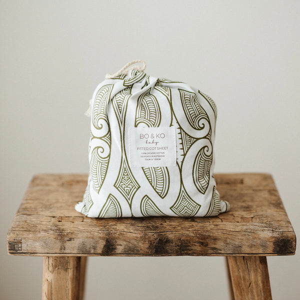 Bo & Ko Fitted Cot Sheet - Te Pātiki Green