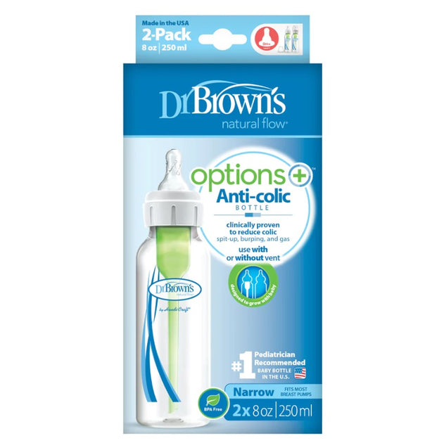 Dr Browns 250ml Narrow Neck Feeding Bottle Options + with Level 1 Teat (2 Pack)