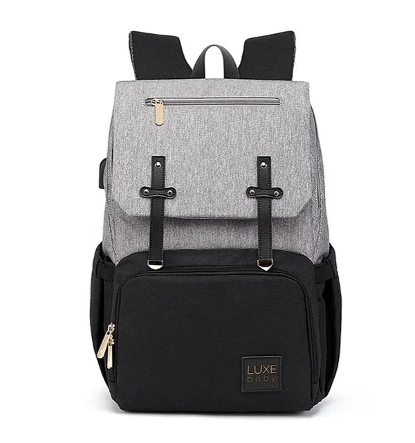 LUXE Baby Nappy Backpack and Change Mat Black / Grey